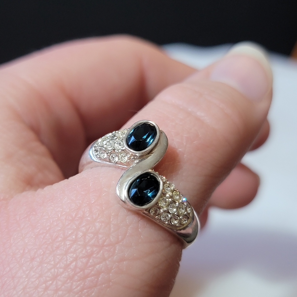 Vintage Silver Tone Faux Diamond and Sapphire Bypass RingSize 12.5 - Picture 2 of 10